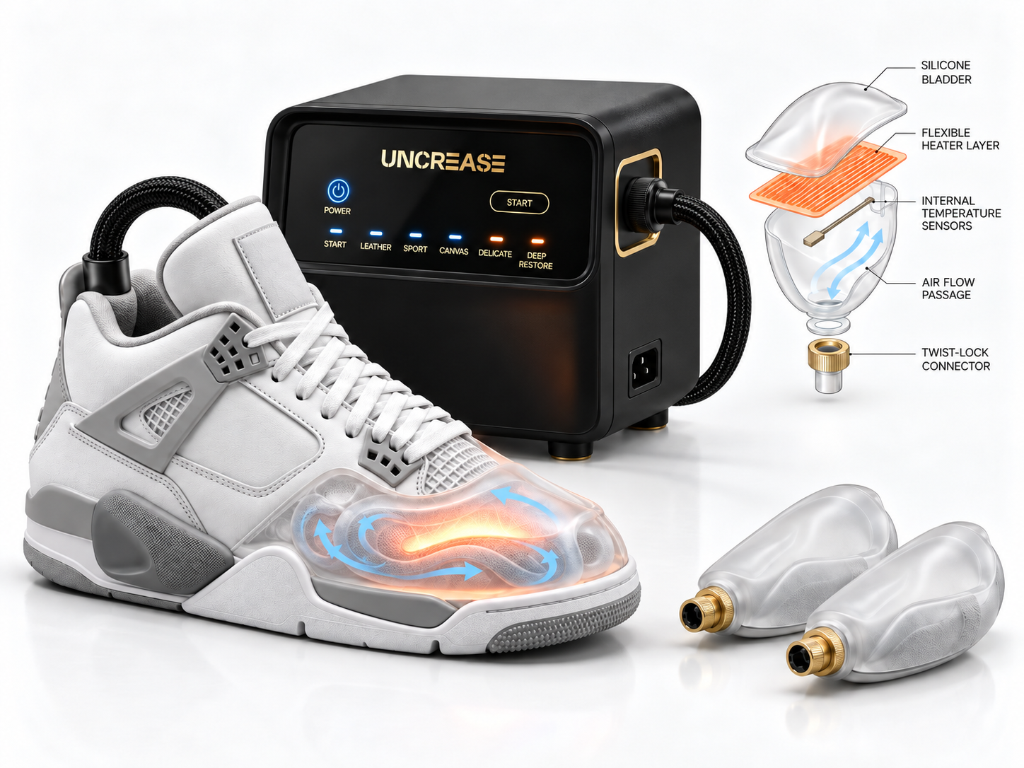 Concept rendering of UNCREASE: a black control unit connected by a braided hose to a white sneaker with a translucent heated insert in the toe box, an exploded view of the insert layers, and two interchangeable inserts with gold twist-lock connectors.